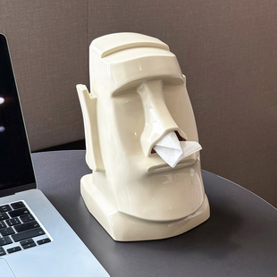 创意摩艾石像纸巾盒桌面多功能耳机支架客厅复古风摆件卧室抽纸盒