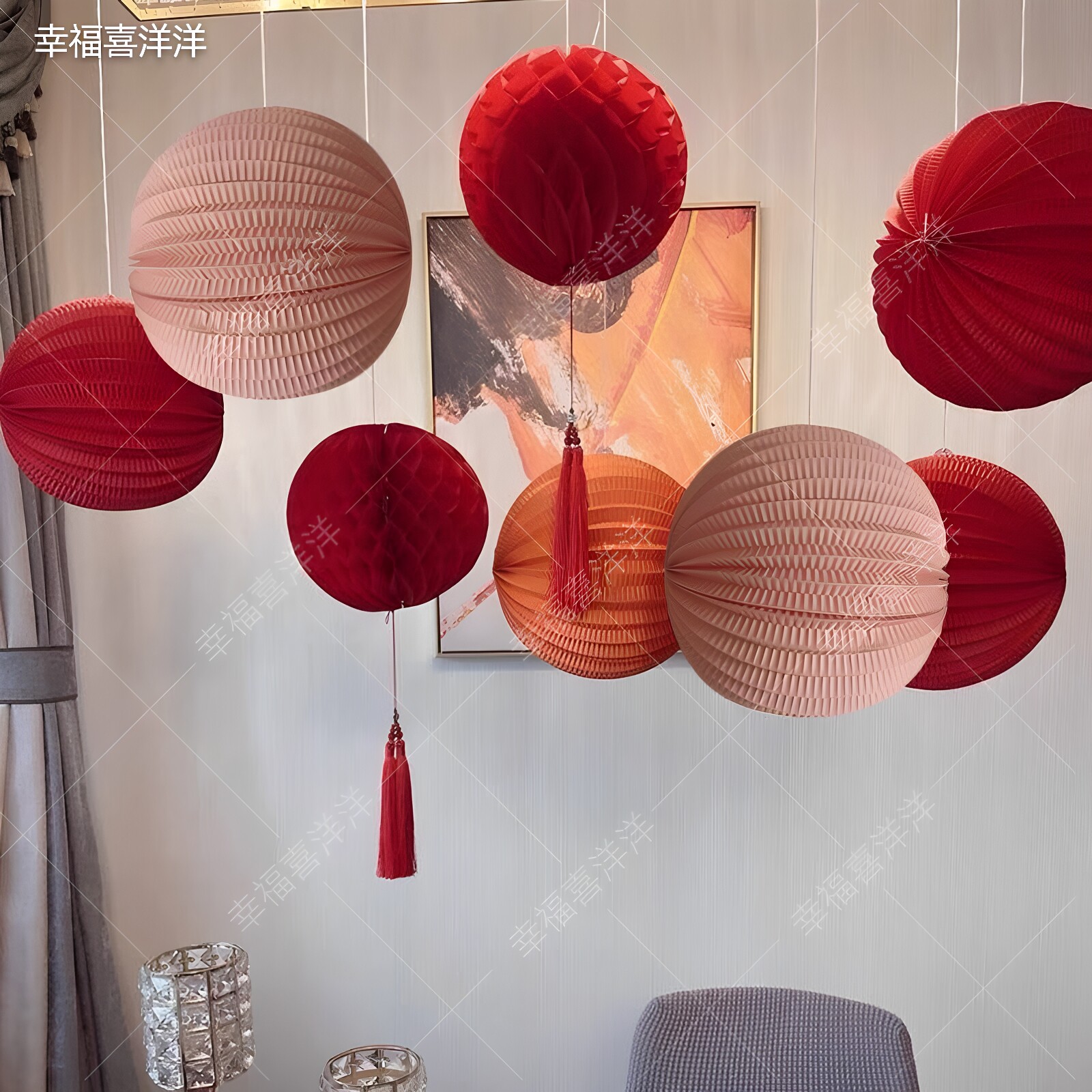 2026中秋节国庆活动红色纸灯笼蜂窝球挂件珠宝店商场橱窗装饰吊饰
