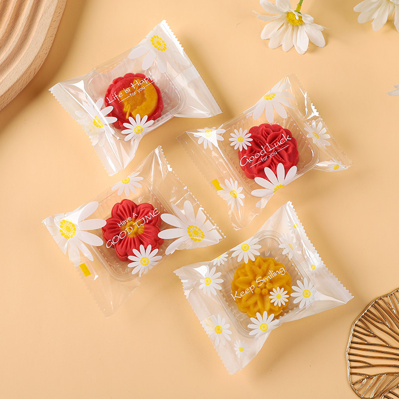 原创透明白底小雏菊雪花酥奶枣包装袋曲奇饼绿豆糕袋月饼机封袋