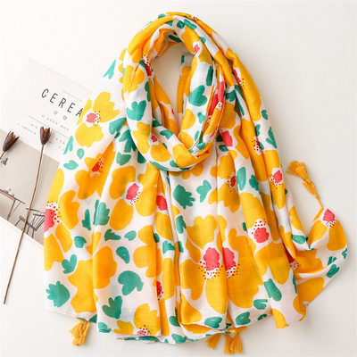 Scarf Sky's Bright Yellow Flower Satin Cotton Cotton Linen