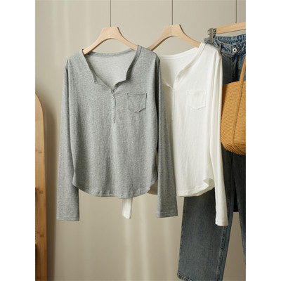 女士麻感雪花棉剪刀领长袖