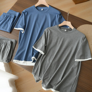 男士纯棉圆领短袖套装 家居服 短袖短裤睡衣起居服 薄软 夏款