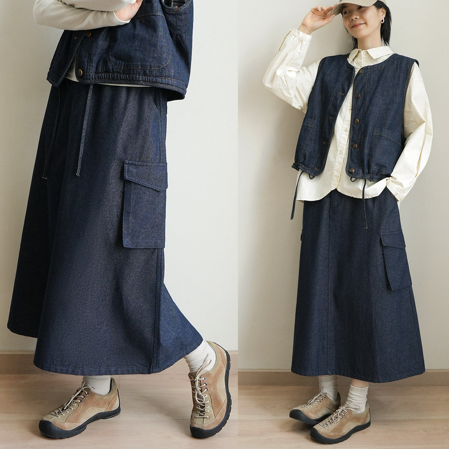 女士棉质工装大口袋半身裙 复古休闲半松紧腰中长款A字裙 秋款k