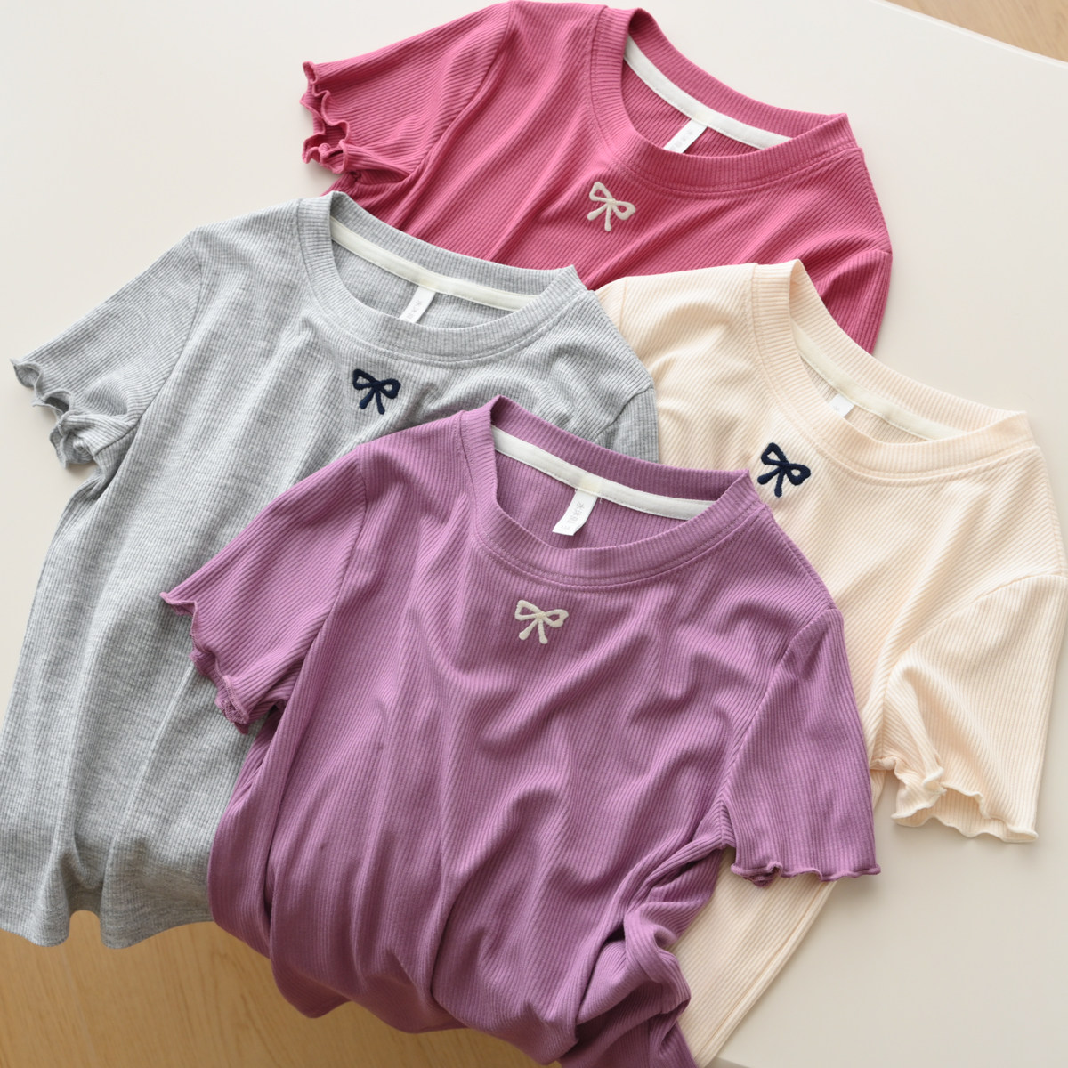 水沐良品圆领甜美短袖罗纹T恤衫图片
