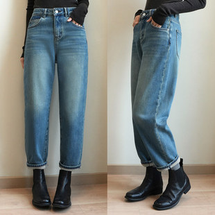 牛仔裤 女士复植绒保暖显瘦老爹裤 软糯棉质弹力加绒加厚锥形裤