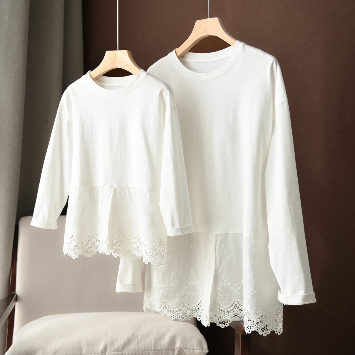A类亲子款纯棉蕾丝长袖打底衫春