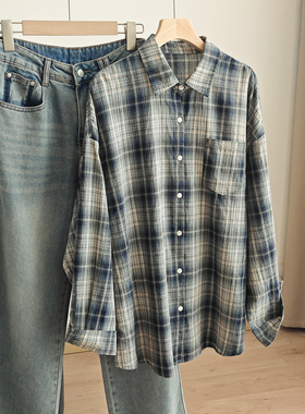 86918薄 全棉蓝色格子衬衫 女士纯棉遮阳外套bf风宽松衬衣 春夏款