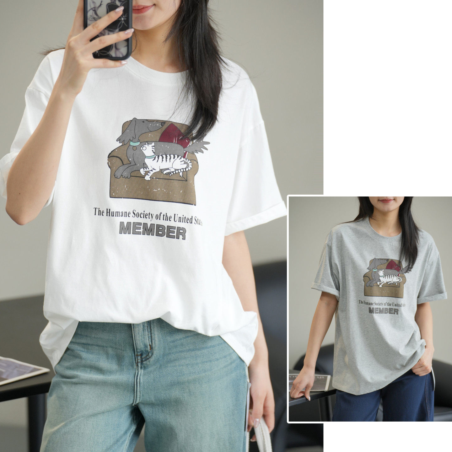 女士沙发狗印花短袖 纯棉圆领T恤打底衫 休闲可爱 春夏款 女装