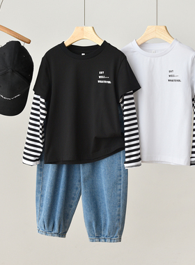 83166 儿童纯棉假两件打底衫男童女童长袖T恤中大童 春秋款童装