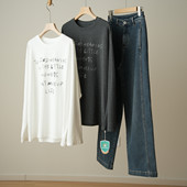 女装 初春款 圆领大版 T恤 180g女士手写字母磨毛长袖 上衣