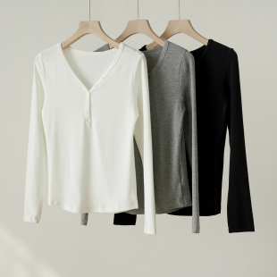 修身 薄款 长袖 春款 230g慕斯绒 女装 女士V领扣子打底衫