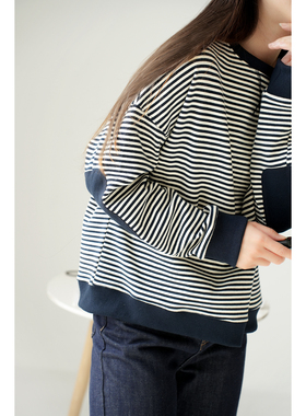 22075 色织精梳纱 纯棉条纹卫衣 女士圆领宽松版 春秋款 女装