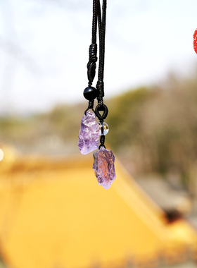 佛言佛语 自制紫水晶随形吊坠白水晶黑曜石全手工编绳定制情侣