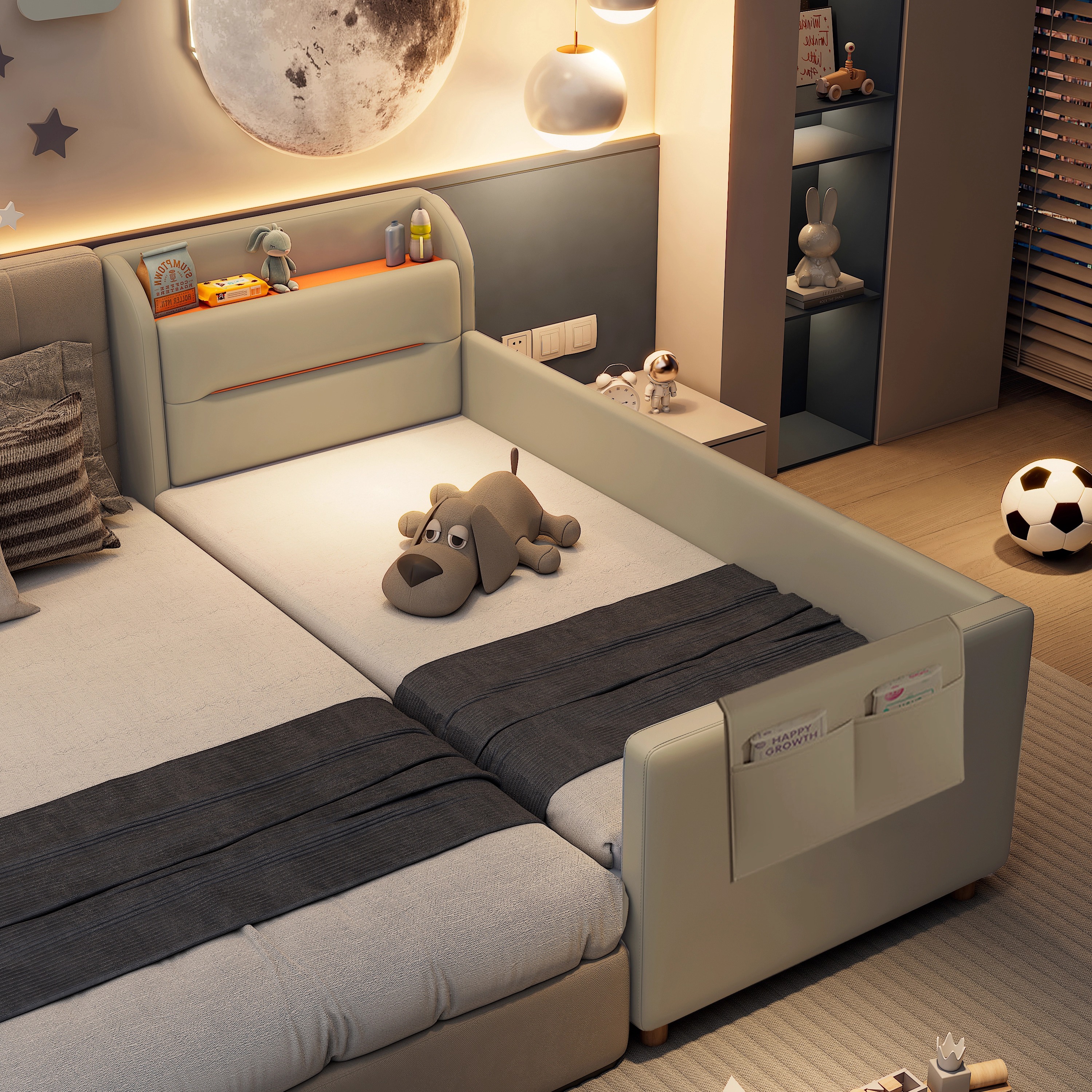 软包儿童床可拼接带物柜可收纳