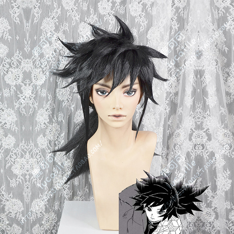 鬼灭之刃 水柱 富冈义勇 纯黑50cm打毛蓬松马尾辫男款cosplay假发