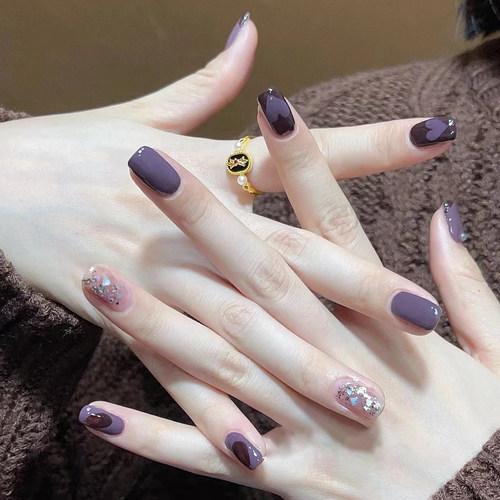 穿戴甲假指甲贴片黑紫跳色涂鸦贝壳手工定制气质显白秋冬少女辣妹