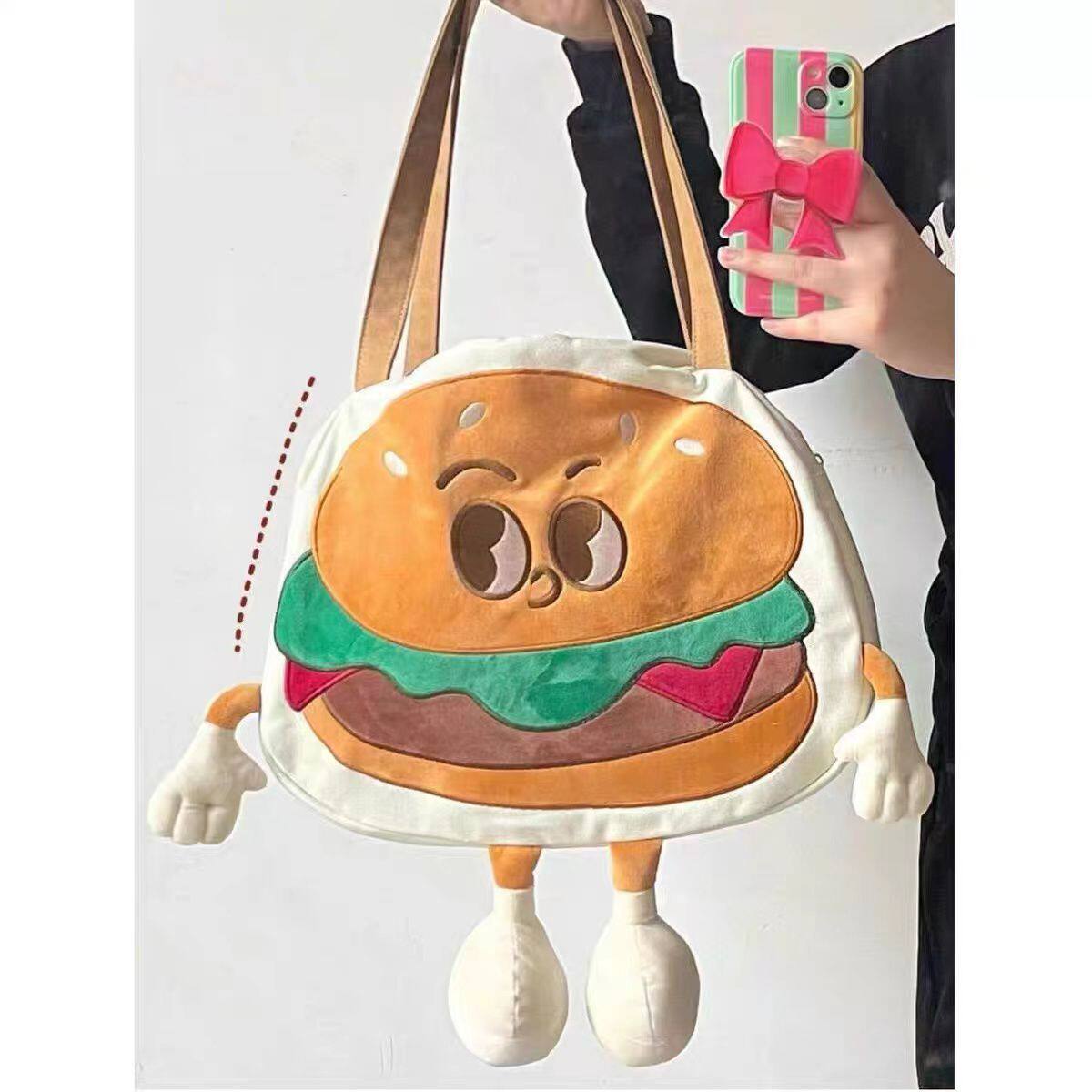 超火潮流出街搞怪汉堡帆布包可爱卡通斜挎包包女大容量手提单肩包