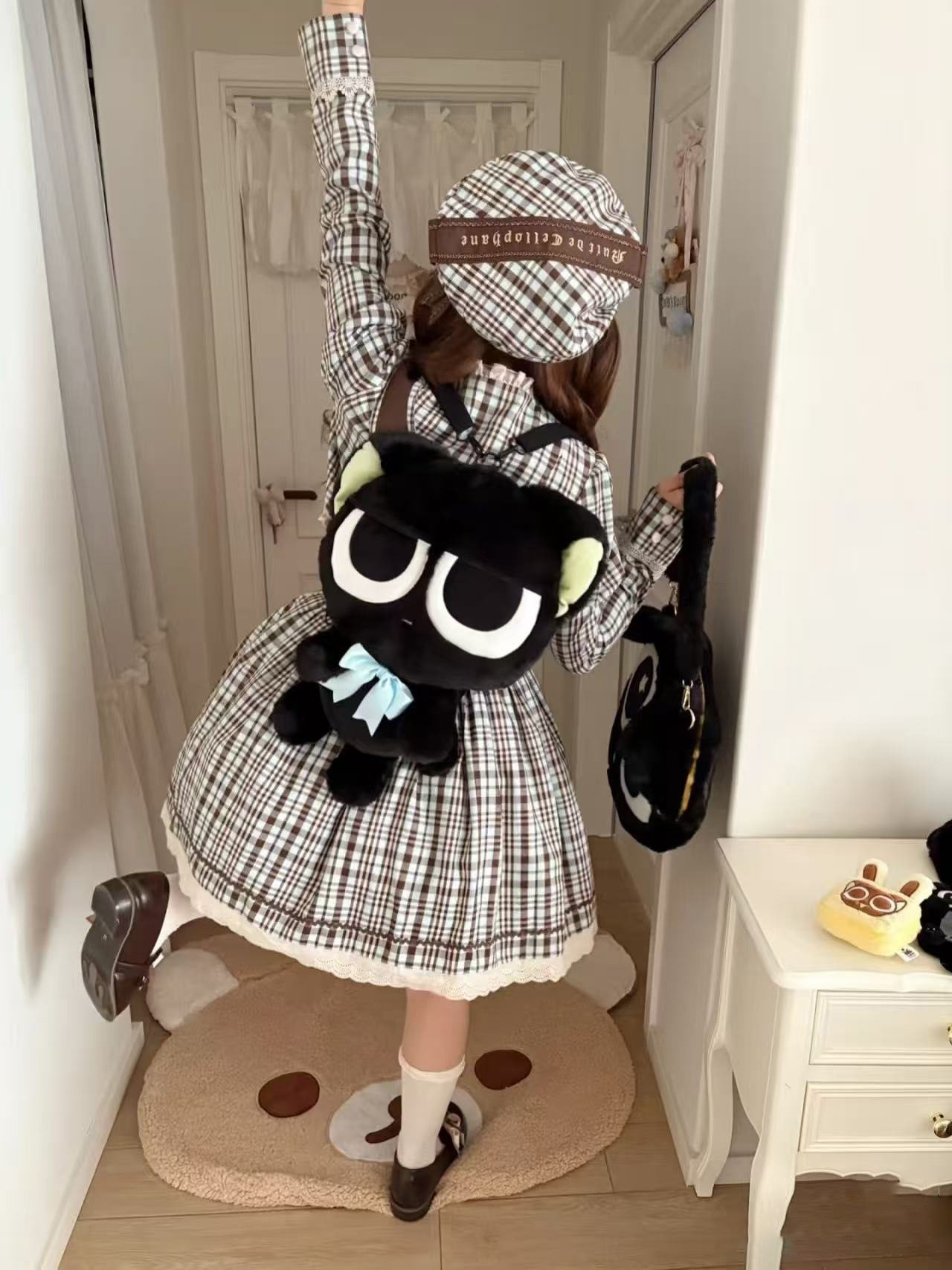 日系可爱小黑猫咪毛绒双肩包软萌卡通玩偶背包二次元高颜值公仔包