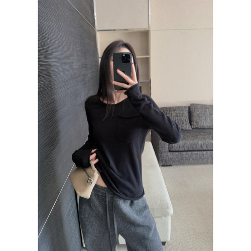 全羊毛口袋打底衫套头羊毛衫