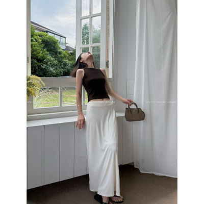 藏蓝色/白色开衩半身裙