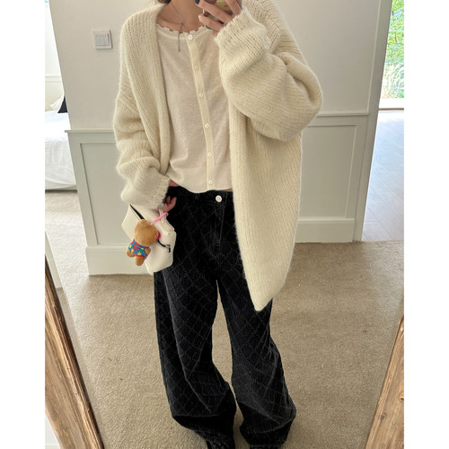 香香菠萝纹慵懒宽松牛仔长裤