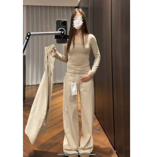 柔米白直筒微喇牛仔裤莱赛尔棉