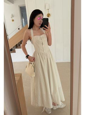 人鱼2025新款显瘦收腰夏日吉维尼条纹挂脖短无袖连衣裙条纹长裙