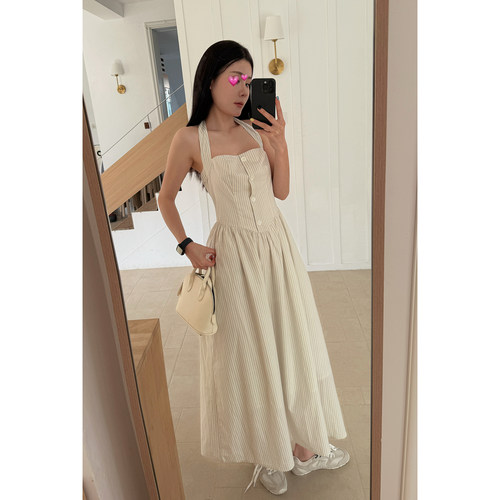 海盐气泡蓝条纹挂脖连衣裙长短款