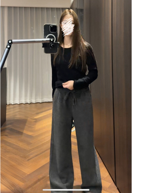 松弛感 绒感磨毛抽绳卫裤 黑灰色 中灰色阔腿裤裤子女冬 AFM定制