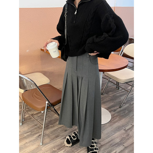 长裙简约高腰通勤灰色纯色