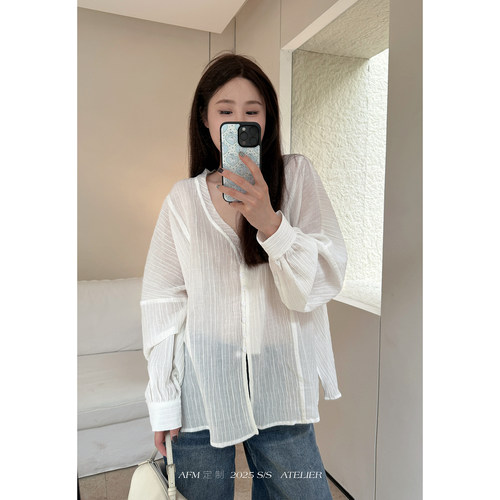 V领花边开衫慵懒长袖罩衫