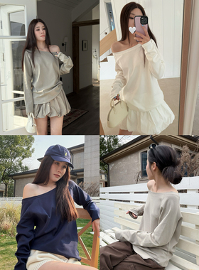 人鱼 斜肩抽褶露肩T恤女春季宽松斜肩长袖显瘦针织上衣露肩上衣夏