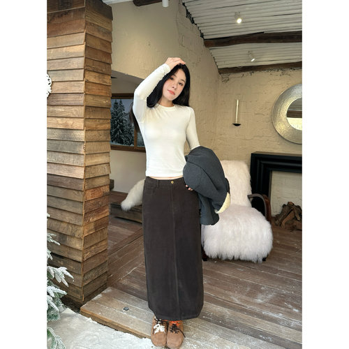 秋冬高腰麂皮绒直筒半身裙