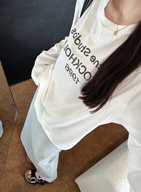 春秋柔软字母长袖T恤内搭宽松休闲百搭上衣女打底长袖防晒罩衫AFM