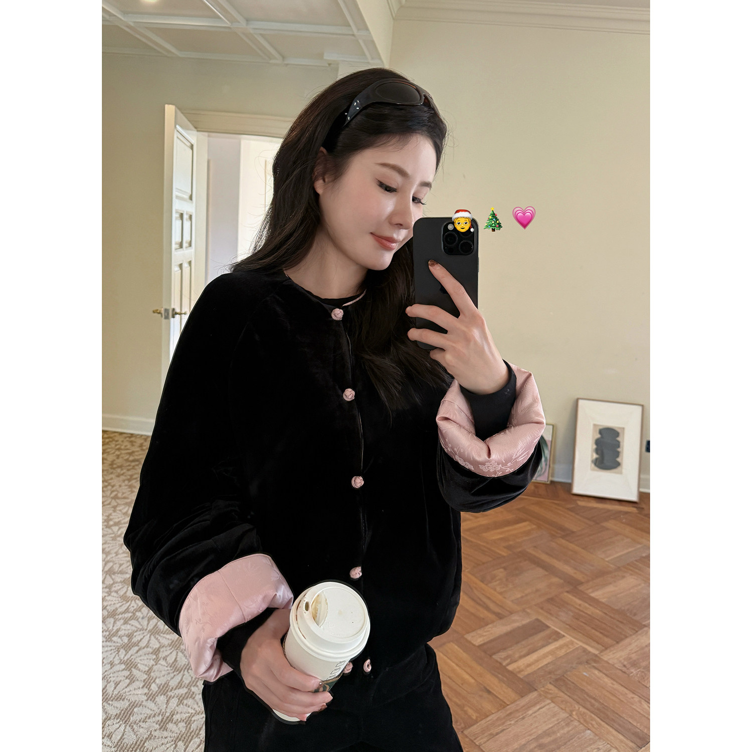 新中式撞色黑粉盘扣丝绒棉服