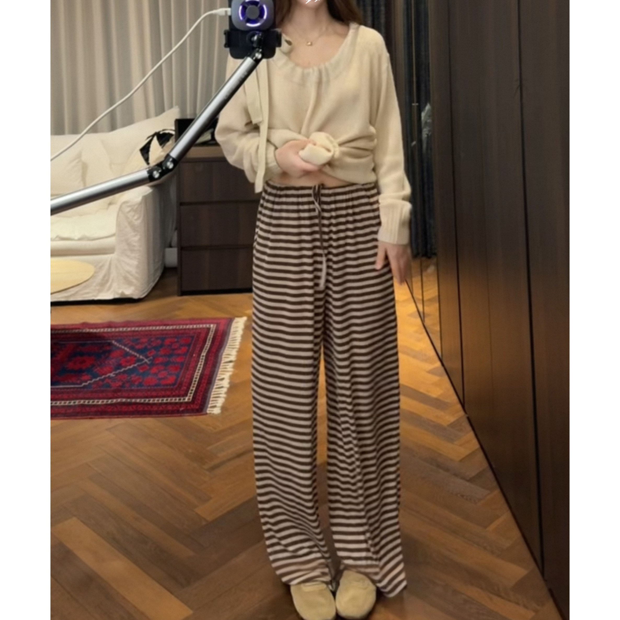 AFM定制显瘦自在 秋冬慵懒条纹抽绳宽松直筒裤秋季裤子女休闲松弛