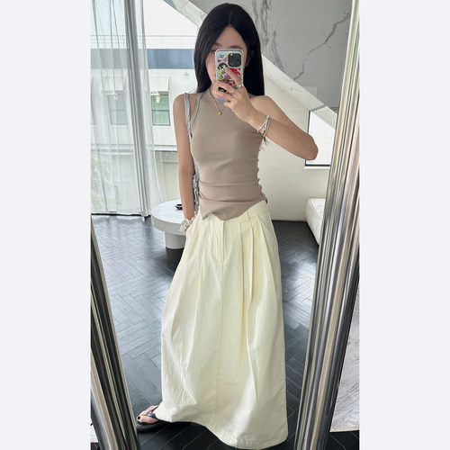 捏褶白色半身裙A字裙长裙