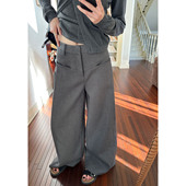 宽松灰色休闲长裤 叠褶腰贴西裤 女初春百搭阔腿垂感拖地裤 AFM定制