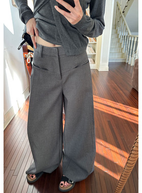 叠褶腰贴西裤女初春百搭阔腿垂感拖地裤宽松灰色休闲长裤AFM定制