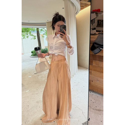 干枯烟柔玫瑰粉晕染竹麻阔腿裤