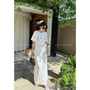 波光粼粼侧开叉a字长款半身裙女缎面垂坠感显瘦长裙子白色夏季裙