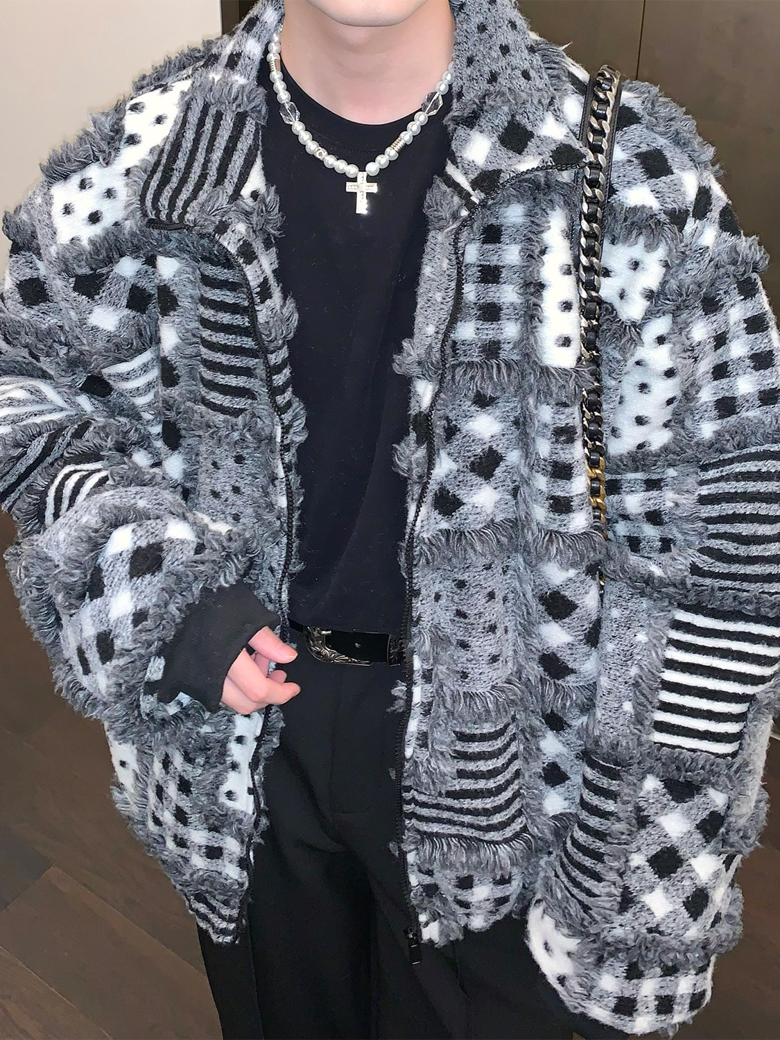 CUIBUJU NICHE COLOR CONTRAST TASSEL DESIGN LAPEL PADDED JACKET MENS LOOSE WINTER THICKENED WARM PADDED JACKET
