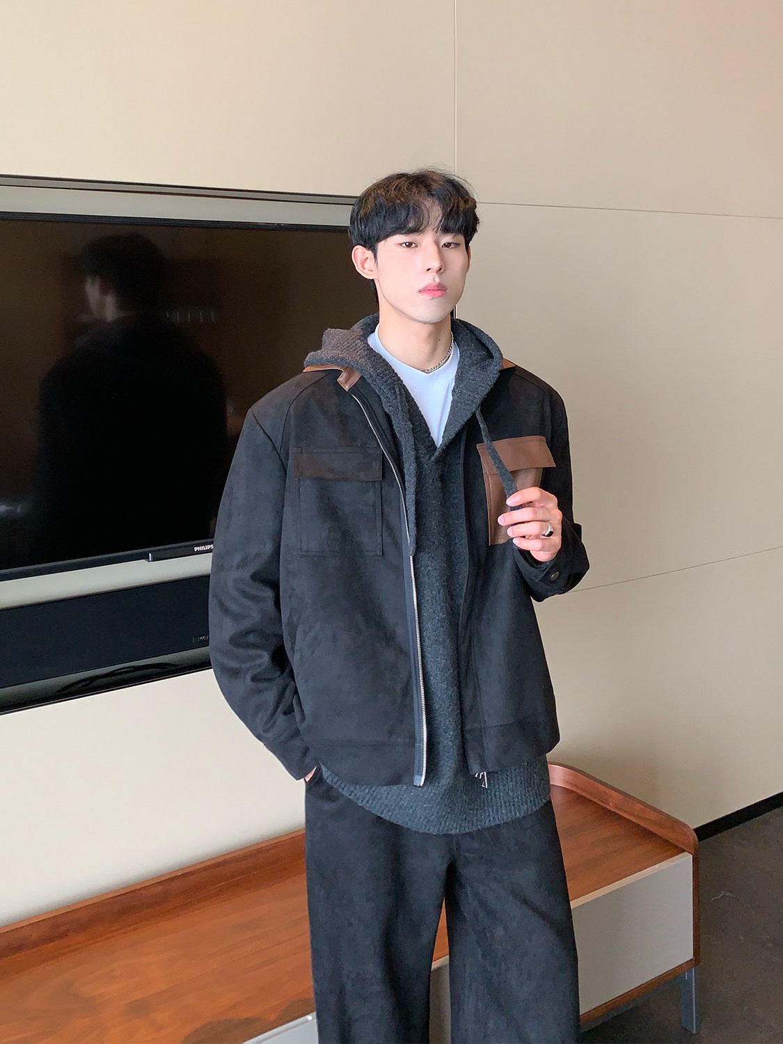 CUIBUJU 한국식 심플 멀티 포켓 PU 스플 라이스 라펠 어깨 패드 재킷 모직 바닥 길이의 다용도 바지 정장