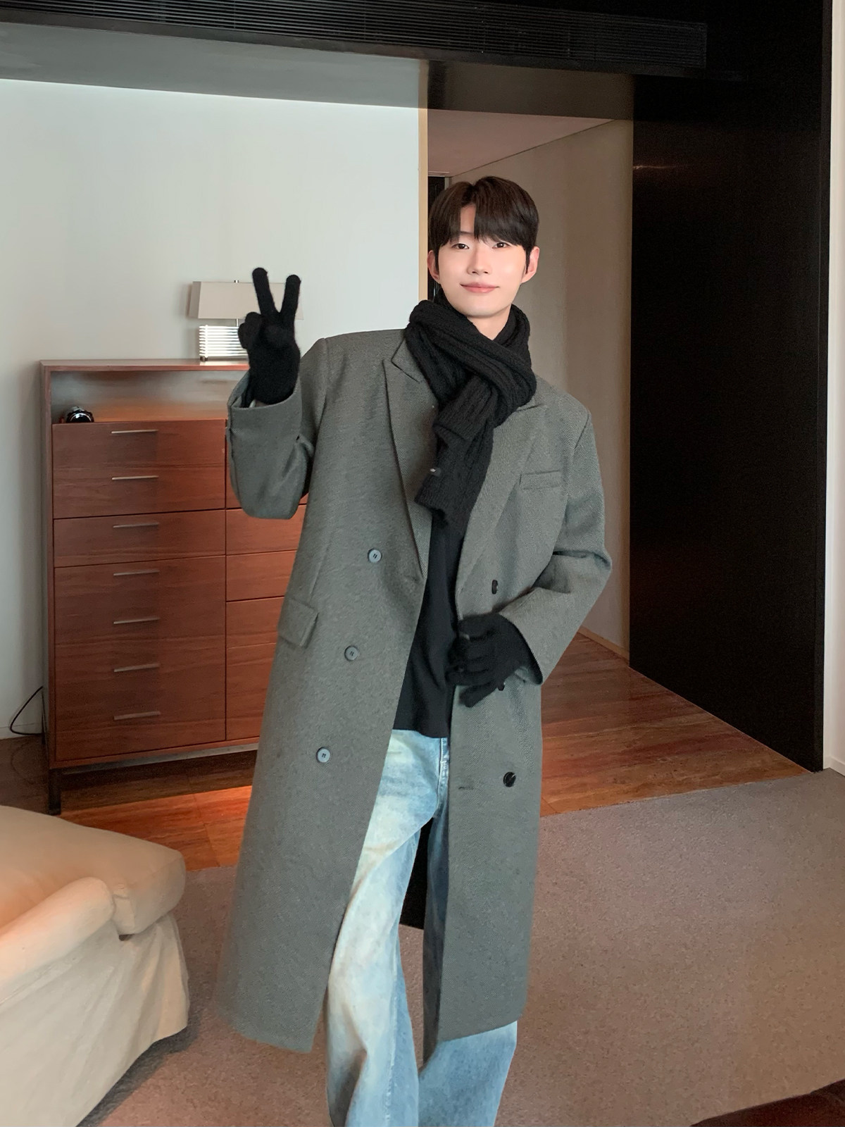 CUIBUJU KOREAN VERSION OF THE SENSE OF LUXURY OLD MONEY STYLE LAPEL WOOL SHOULDER PAD LONG WINDBREAKER JACKET CASUAL COAT MEN
