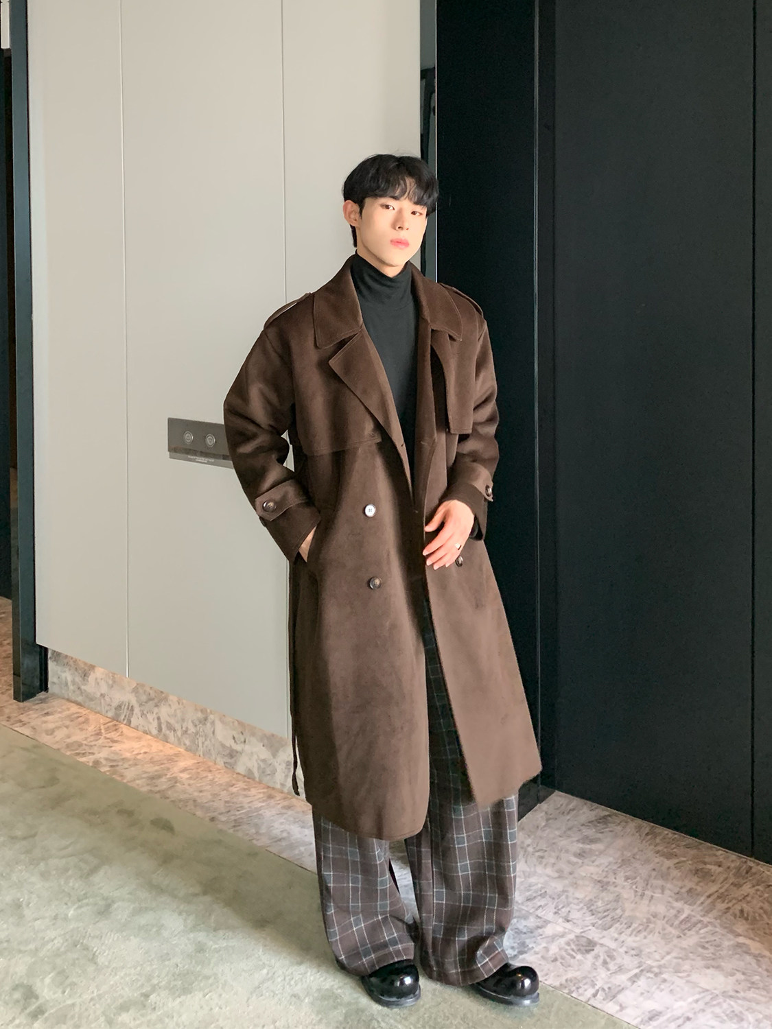 CUIBUJU KOREAN LAPEL DOUBLE-BREASTED BELT OLD MONEY TWEED MIDI COAT FASHION VERSATILE TRENCH COAT MEN