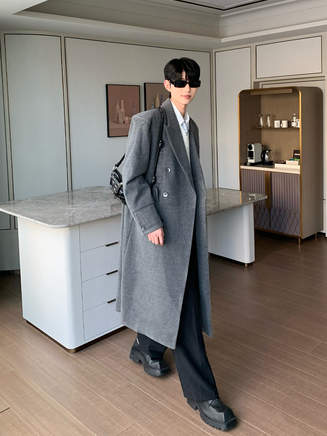 CUIBUJU NICHE DECONSTRUCTED DESIGN PADDED SHOULDER WOOLEN COAT MENS AUTUMN AND WINTER KOREAN LONG OVER-THE-KNEE TRENCH COAT