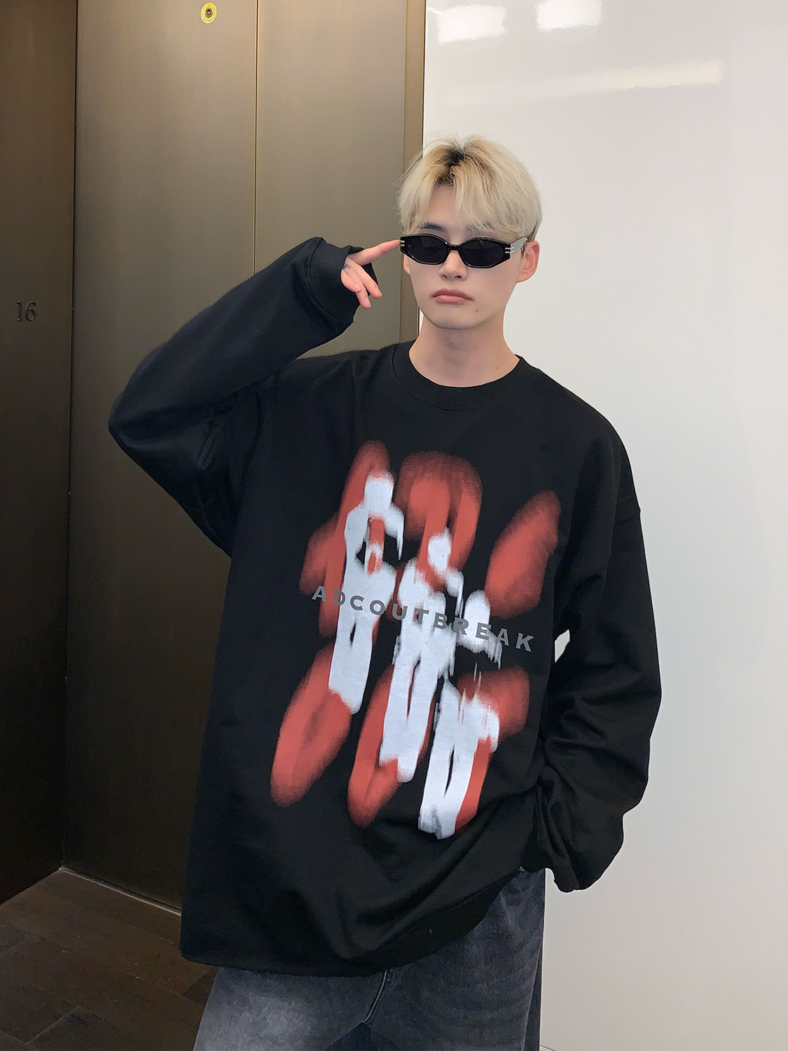 CUIBUJU 남성용 및 여성용 아메리칸 레트로 대비 컬러 프린트 스웨트 셔츠 루즈한 오버사이즈 라운드 넥 긴팔 탑 트렌드