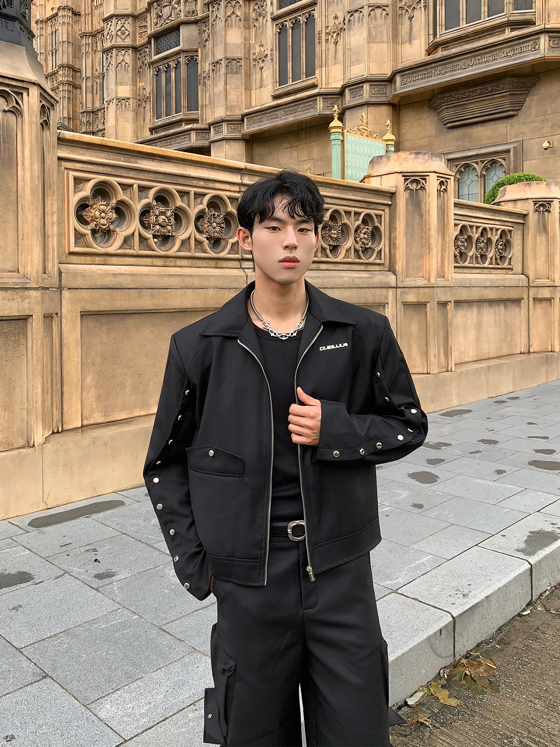 CUIBUJU 틈새 불규칙한 접합 해체 짧은 재킷 정장 프로필 스트레이트 바닥 길이 남성용 캐주얼 바지