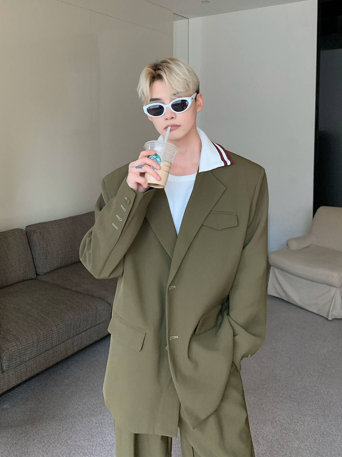 CUIBUJU NICHE KNITTED STITCHED SHOULDER PAD BLAZER MENS VINTAGE PREMIUM SUIT LOOSE SUIT TWO-PIECE SUIT