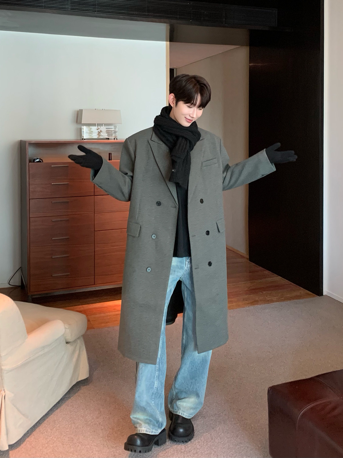 CUIBUJU KOREAN VERSION OF THE SENSE OF LUXURY OLD MONEY STYLE LAPEL WOOL SHOULDER PAD LONG WINDBREAKER JACKET CASUAL COAT MEN